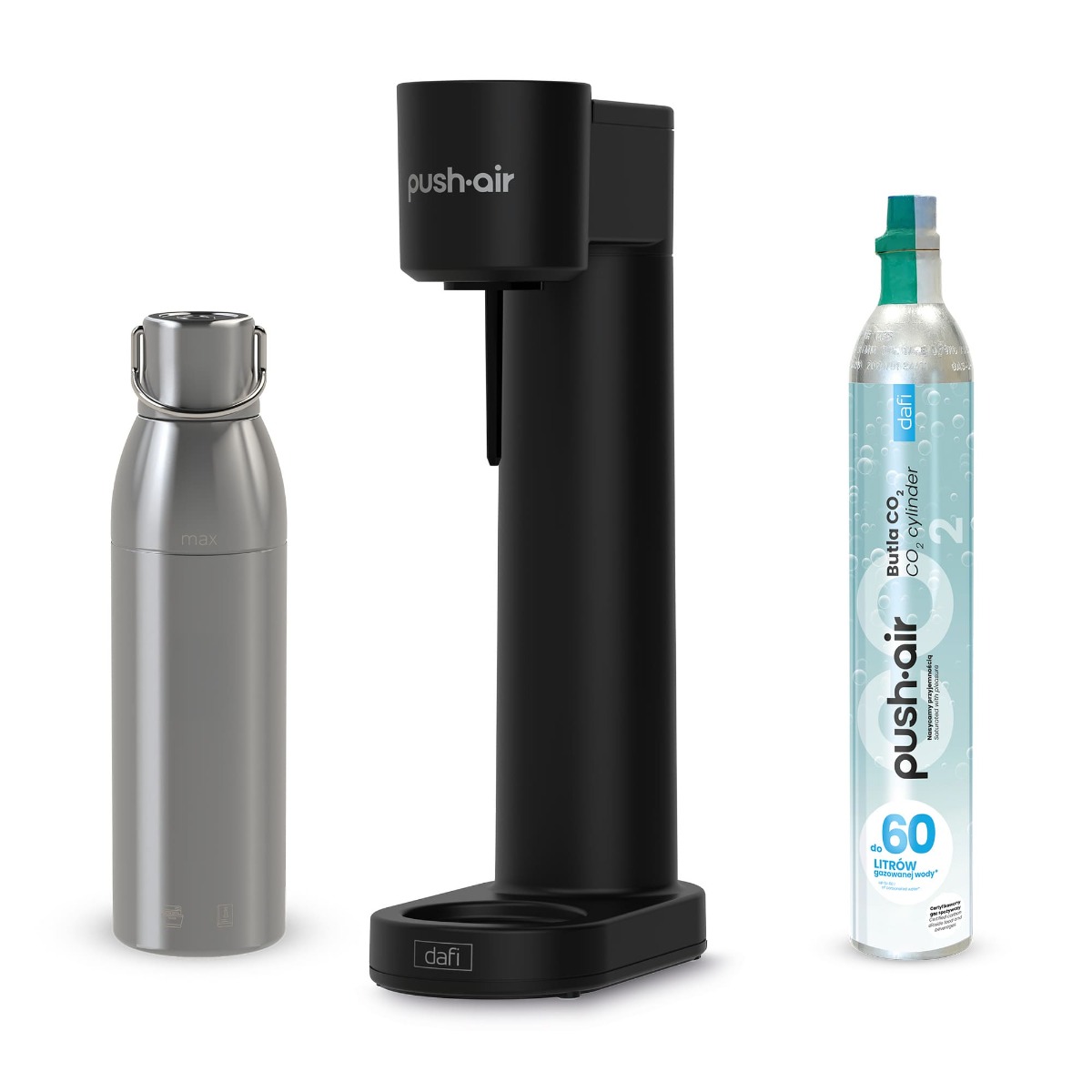 PUSHAIR Saturator do Wody Dafi Czarny + Nabój CO2 + Stalowa Butelka 0,75