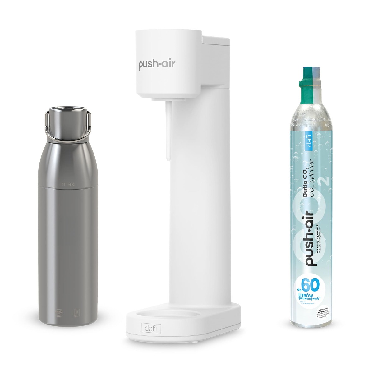 PUSHAIR Saturator do Wody Dafi Biały + Nabój CO2 + Stalowa Butelka 0,75