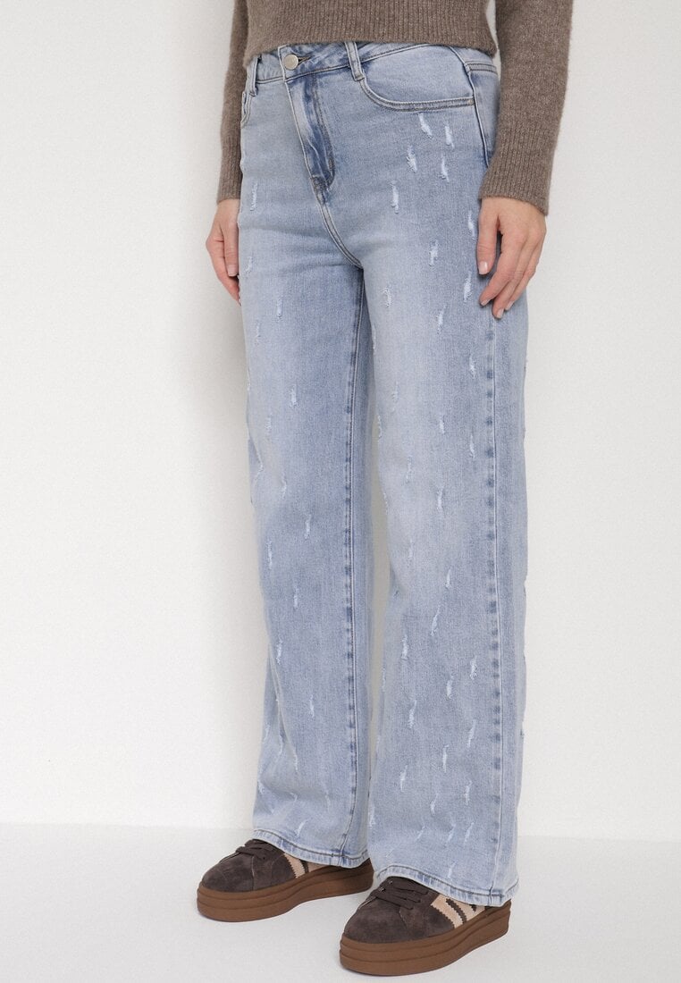 Niebieskie Bawełniane Szerokie Jeansy z Wysokim Stanem i Przetarciami Lilinryss