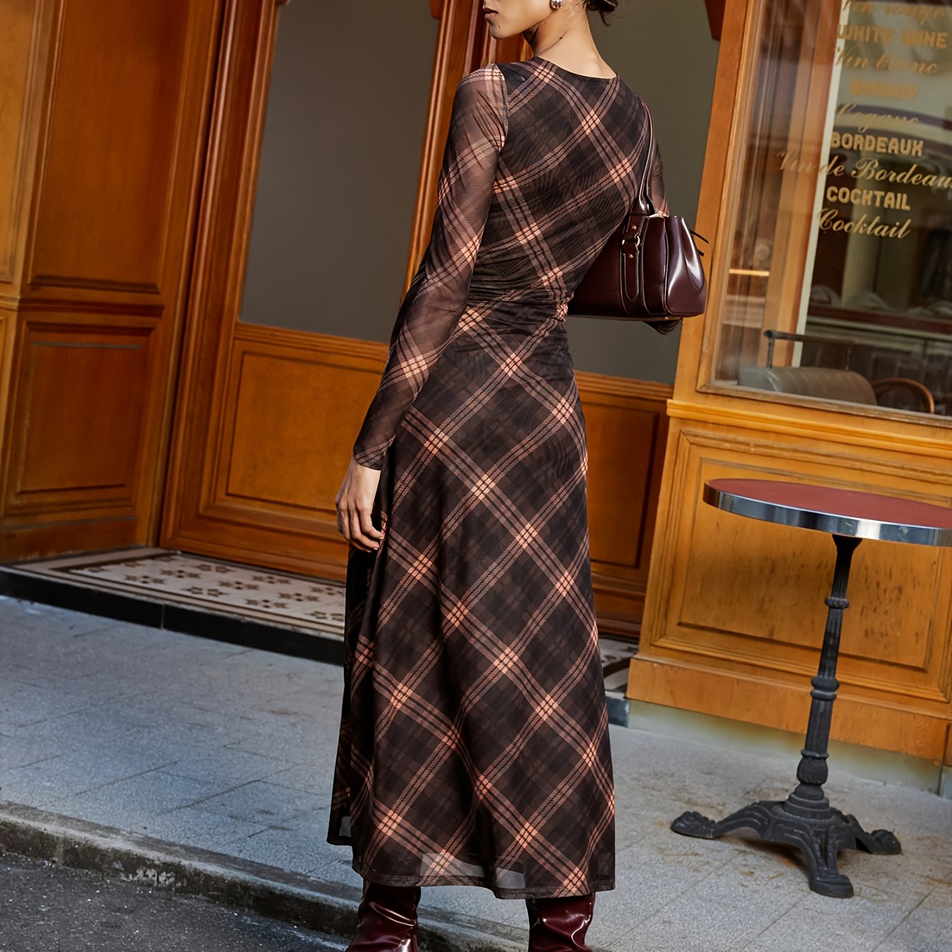 TEMU YY1019155 Kierunkowa Sukienka Maxi w Kratę z Siatką dla Kobiet