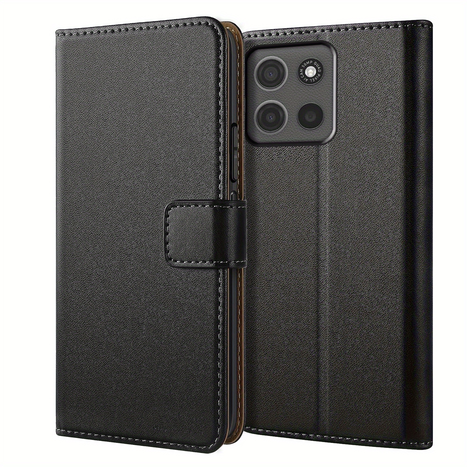 TEMU Etui na telefon - Czarne etui z klapką z imitacji skóry, futerał ochronny na Moto G15, z podstawką