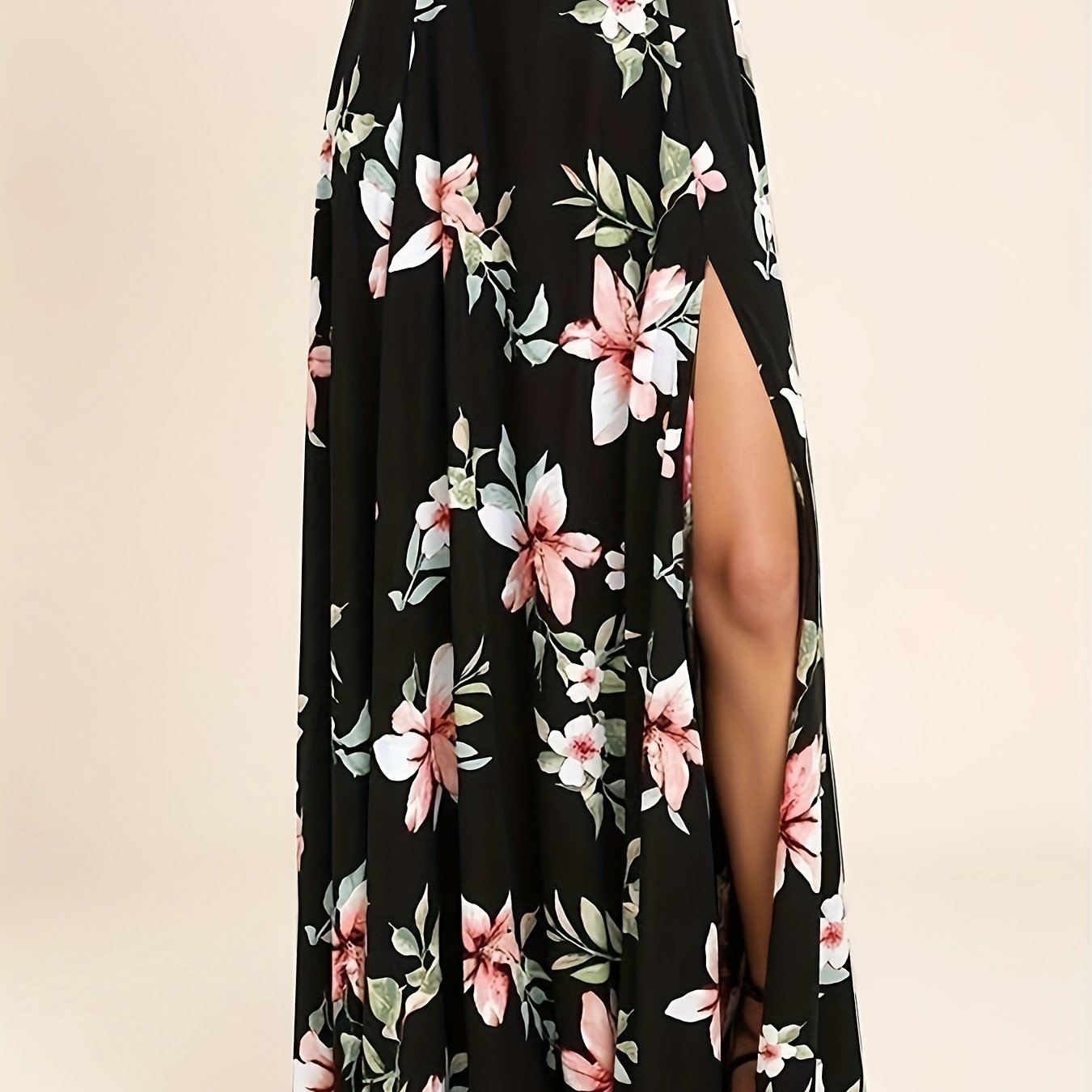 TEMU Kobieca Elegancka Sukienka Maxi z Kwiatowym Wzorem - Przewiewna A-Line na Imprezę i Uroczyste Wydarzenie, Czarna z Różowo-Białym Nadrukiem,