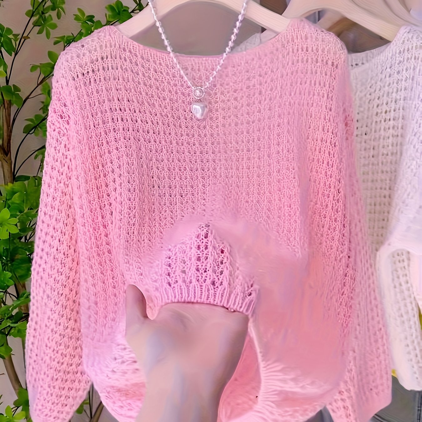 TEMU Damski Lekki Kardigan z Otwartymi Wzorami - Luźna Bluzka z Długim Rękawem i Okrągłym Dekoltem, Oddychająca Letnia Koszulka do Stylizacji