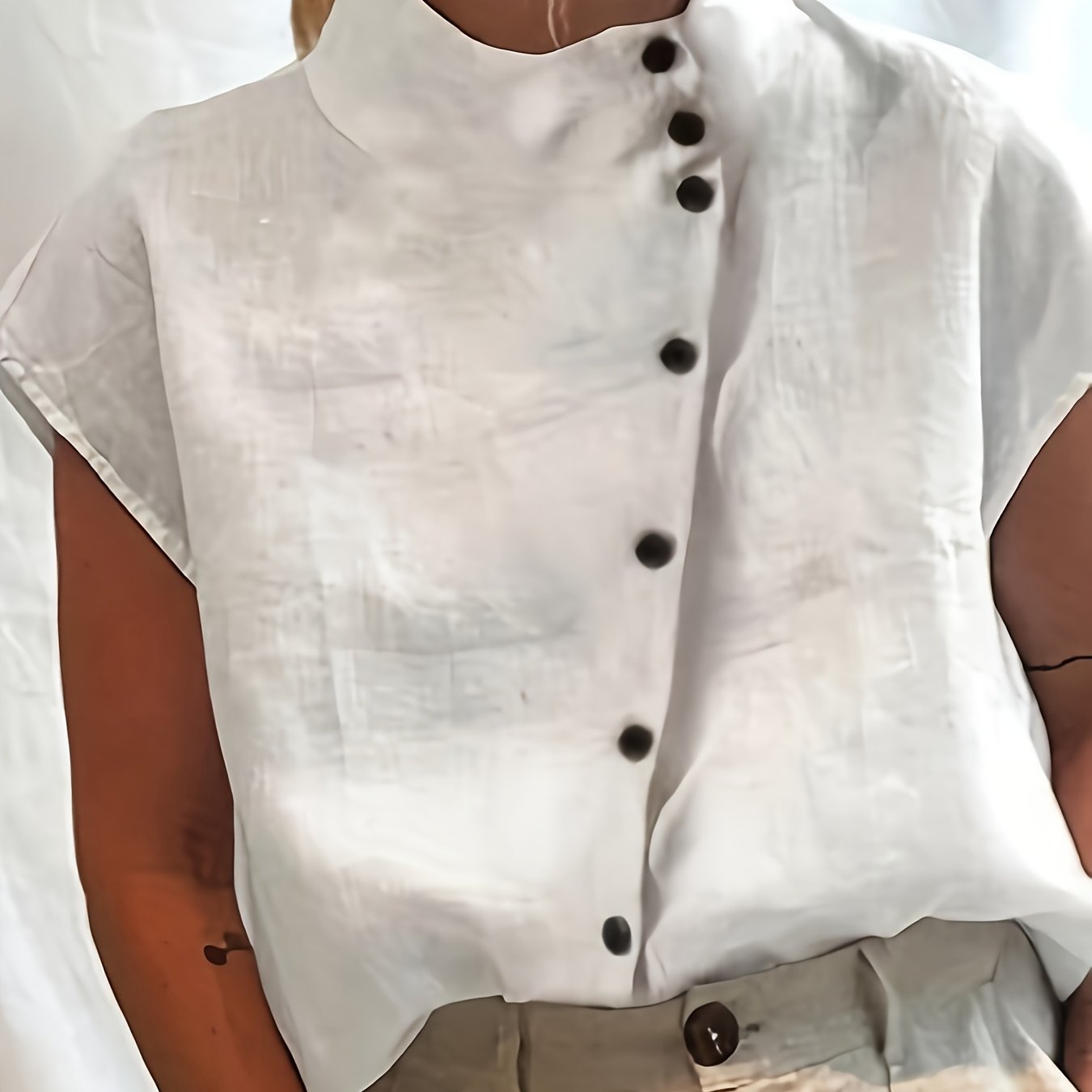 TEMU Elegancka biała koszulka z krótkim rękawem dla kobiet z wyciętym kołnierzykiem i jednorzędową kieszenią - idealna na , na co dzień, na
