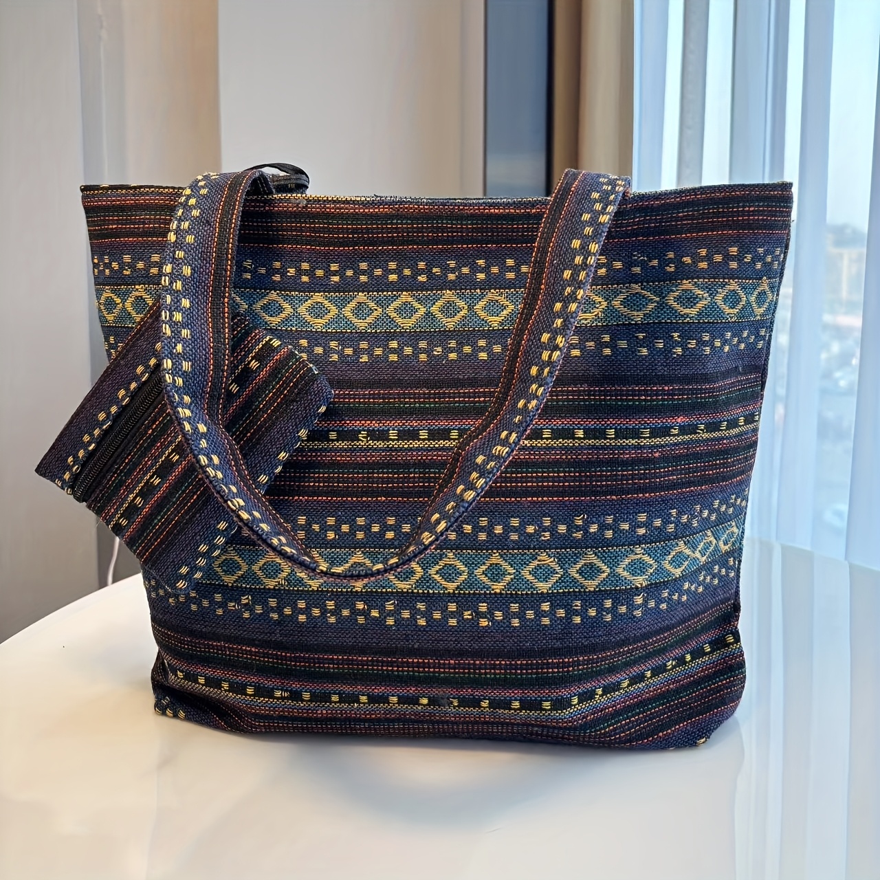 TEMU Damska Torba z Dużą Pojemnością w Paski Tribal z Dołączonym Portfelem i Uchwytem na Klucze - / /Szlam/ Idealna na Podróże - Nylon i Zamek