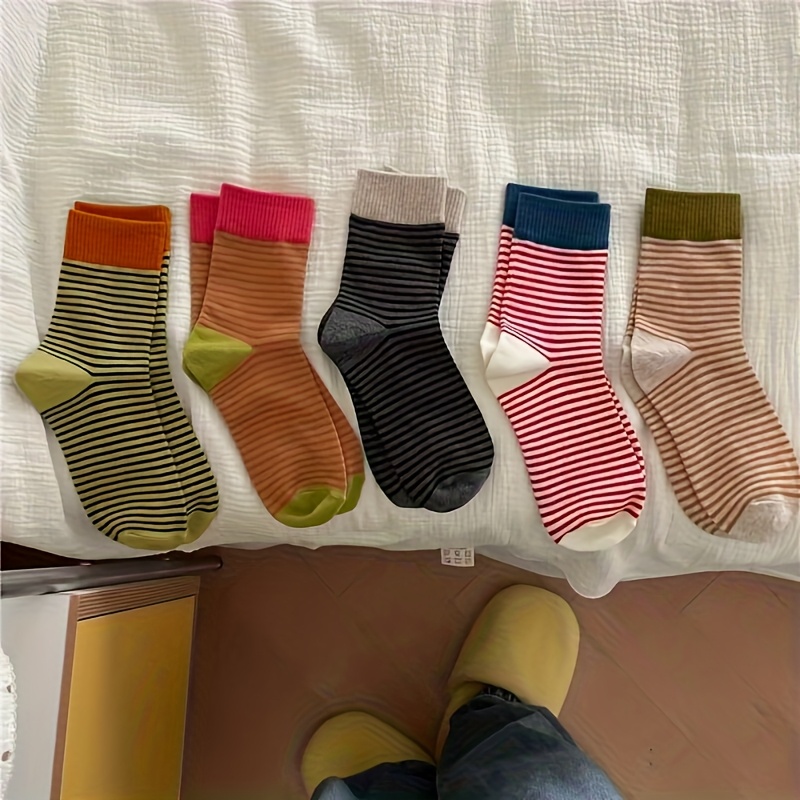 TEMU Zestaw 5 par kolorowych prążkowanych skarpet z mankietem w paski na jesień/zimę, luźne skarpety za kostkę w stylu casual college'u