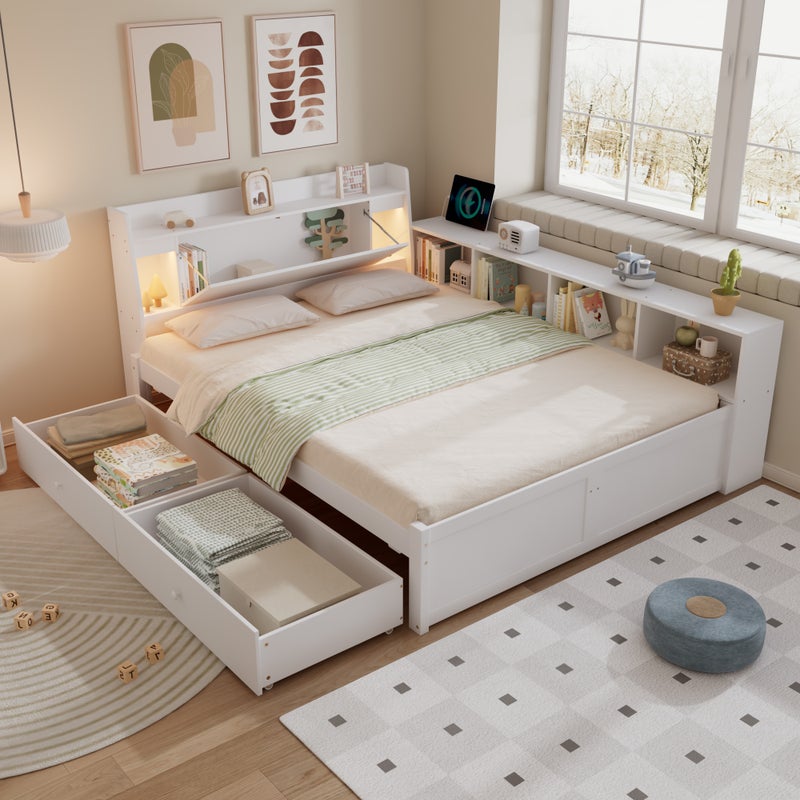 Łóżko 140 x 200 cm z 2 szufladami, przegródkami i szafką boczną - Sofa rozkładana - Sosna + płyta wiórowa + MDF - LED - Białe (Bez materaca)