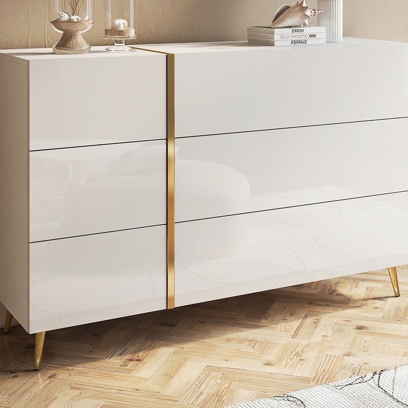 Komoda z 6 szufladami - Biały połysk i złoto - MARZIALO