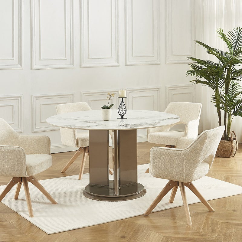 Krzesło obrotowe z podłokietnikami z tkaniny i drewna dębowego - Kremowy - KONYA