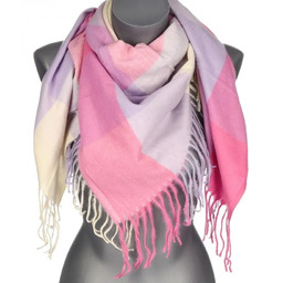 Chusta damska bawełniana ciepła w KRATĘ z frędzlami AXD-13N-18 malina