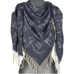 Chusta damska bawełniana KOTY ciepła duża 135x135 z frędzlami XAC-13-3 granat