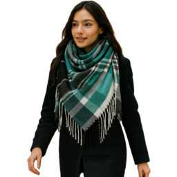 Chusta damska bawełniana KRATA ciepła duża 140x140 z frędzlami REC-75-4 turkus