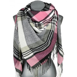 Chusta damska bawełniana KRATA ciepła duża 140x140 z frędzlami REC-75-6 różowy