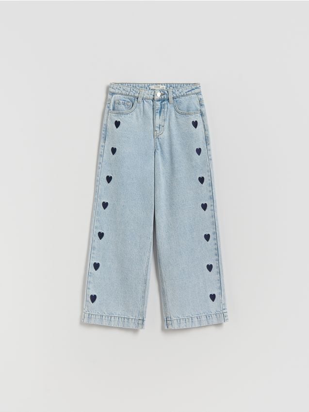 Reserved - Jeansy wide leg z haftem - niebieski