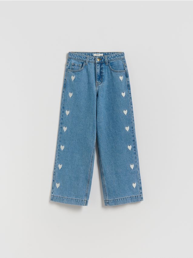 Reserved - Jeansy wide leg z haftem - niebieski
