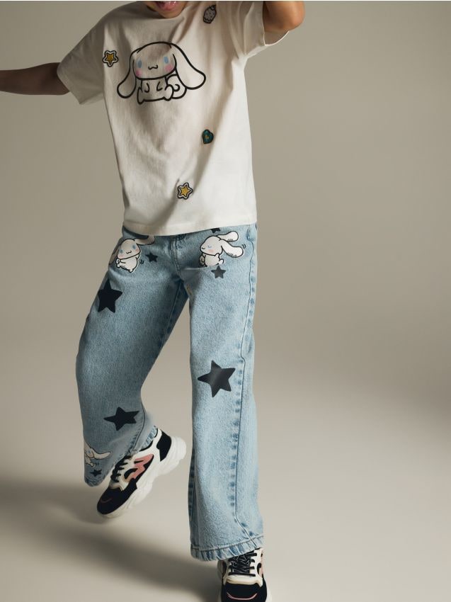 Reserved - Jeansy super wide leg Cinnamoroll - niebieski