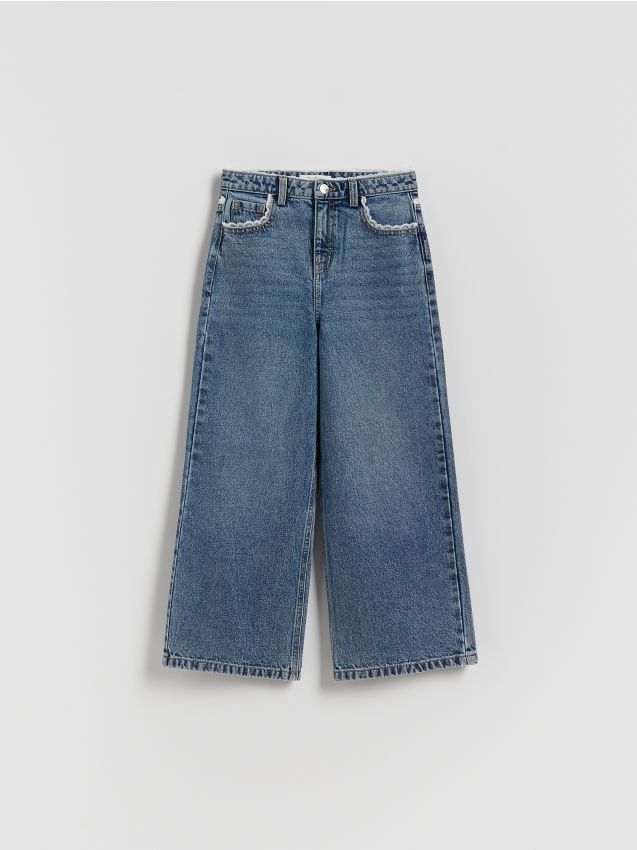 Reserved - Jeansy super wide leg z koronką - granatowy