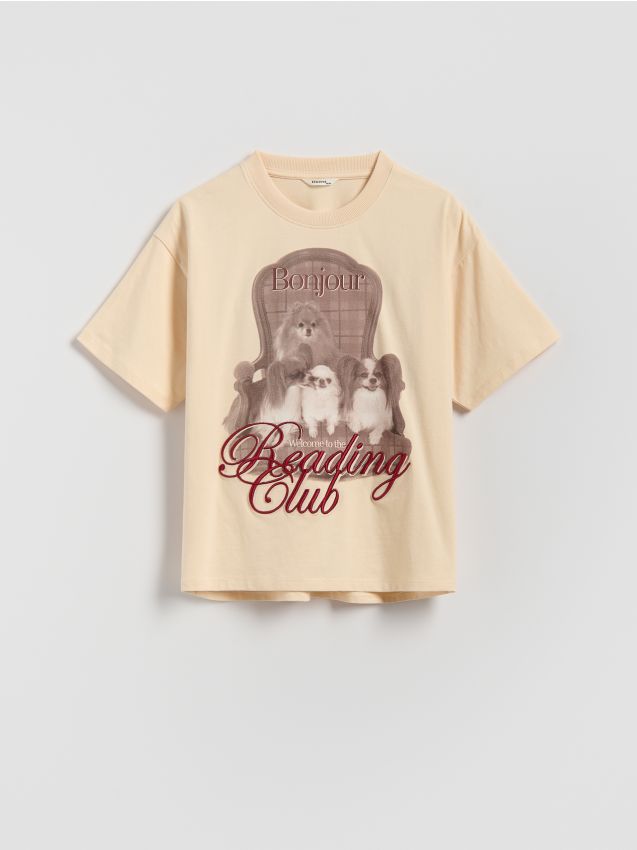 Reserved - T-shirt z nadrukiem i haftem - kremowy