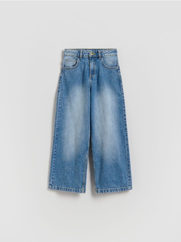 Reserved - Jeansy wide leg z opraniem - niebieski