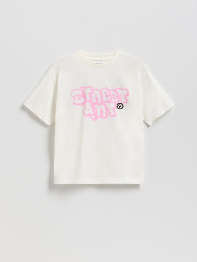 Reserved - T-shirt z nadrukiem - złamana biel