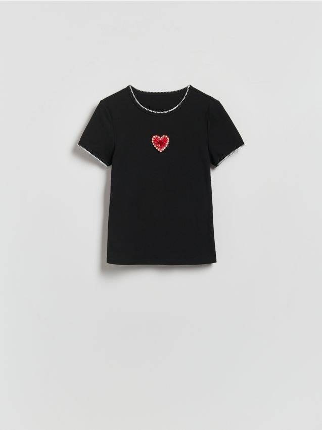 Reserved - T-shirt z aplikacją serce - czarny
