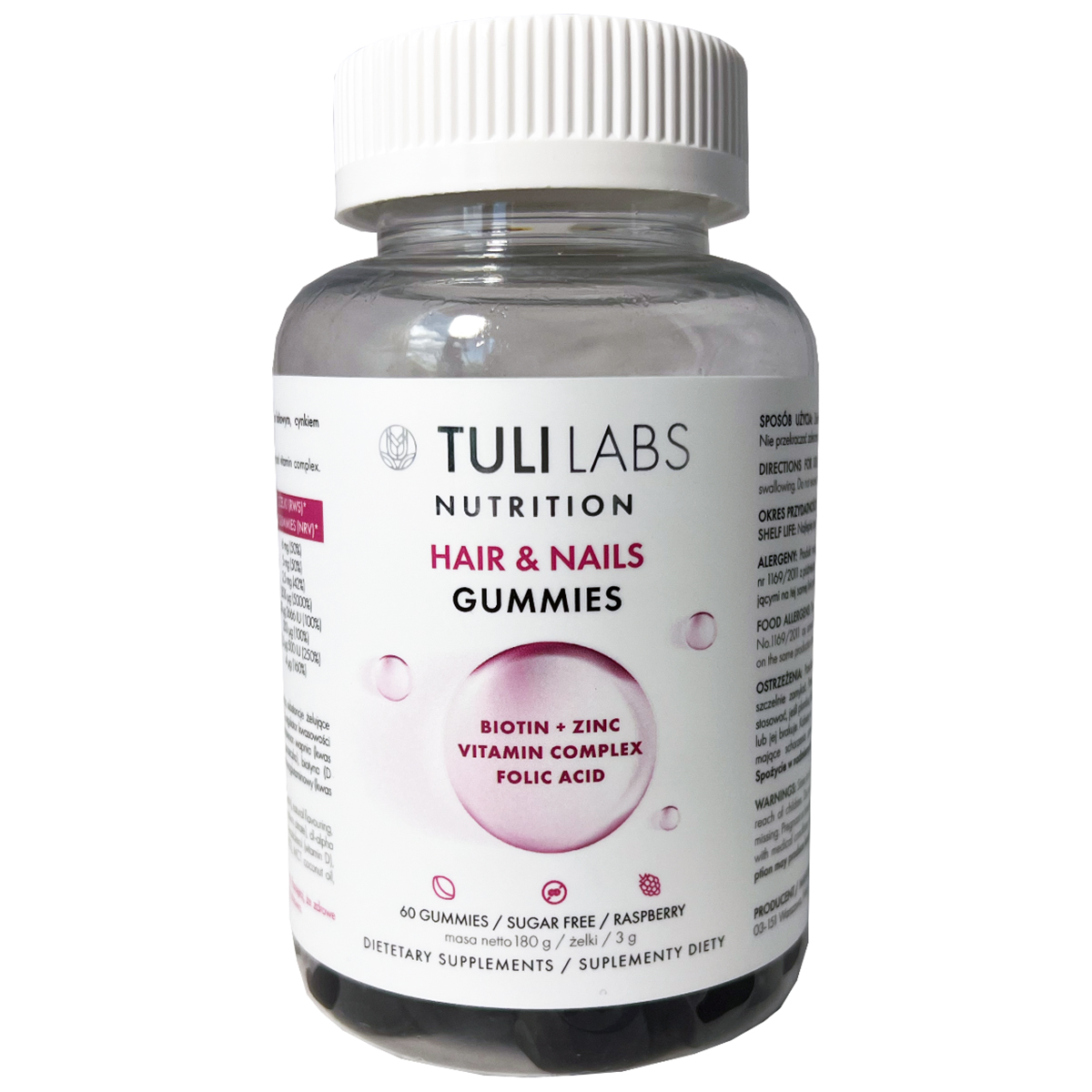 Tuli Labs Hair & Nails Gummies, żelki, smak malinowy, 60 sztuk