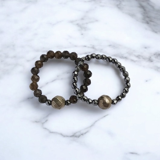 Zestaw pierścionków : obsydian złoty, piryt, hematyt