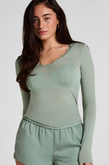 Hunkemöller TOP LS V-NECK LACE INTIMATES Zielony