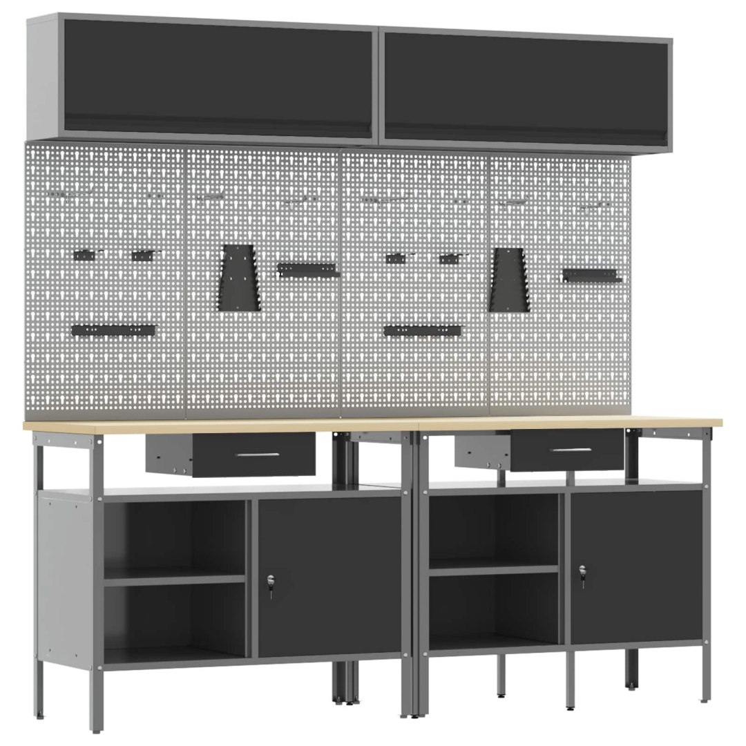 VidaXL Zestaw stołu warsztatowego z szufladą z półką 8 pcs Czarny Stal