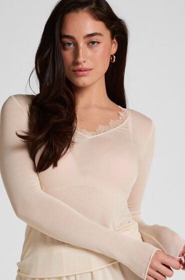 Hunkemöller TOP LS V-NECK LACE INTIMATES Biały