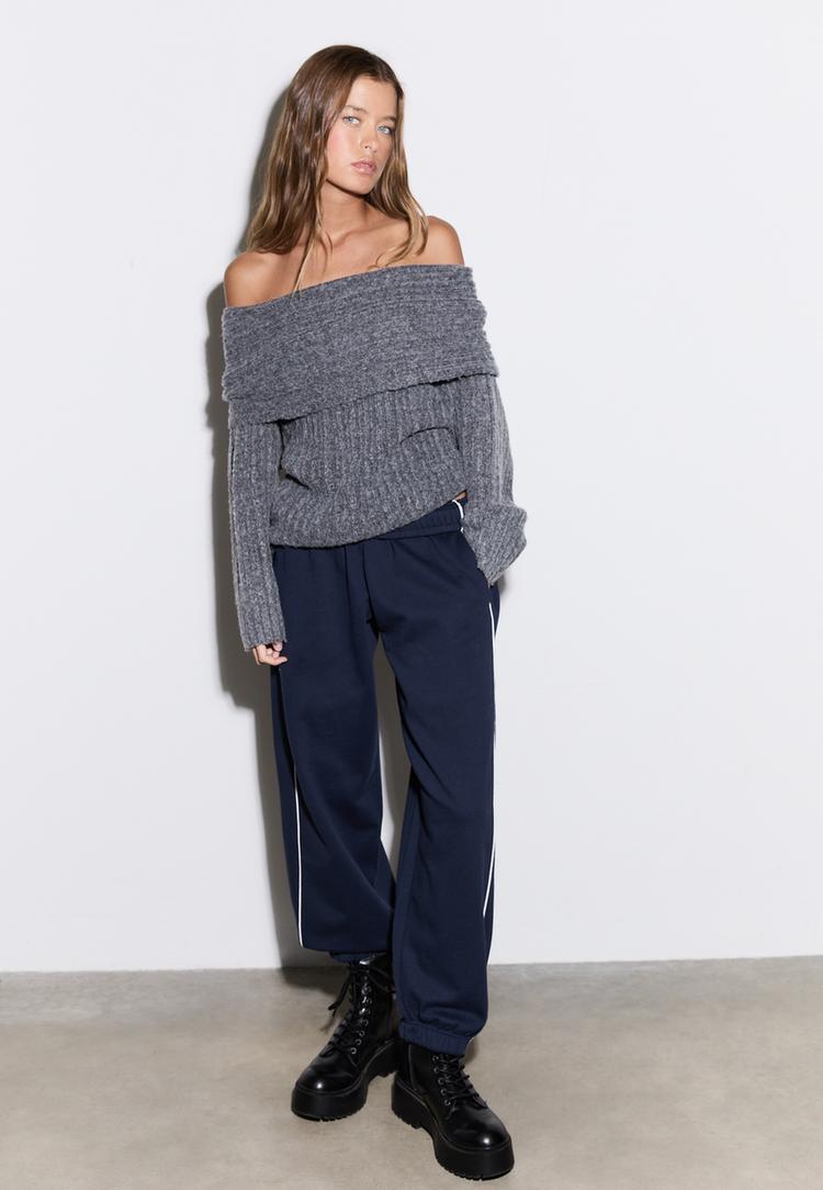 Stradivarius Spodnie jogger z lampasami Morski L