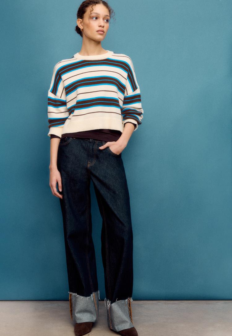 Stradivarius Sweter dzianinowy crop w paski Brązowy XL