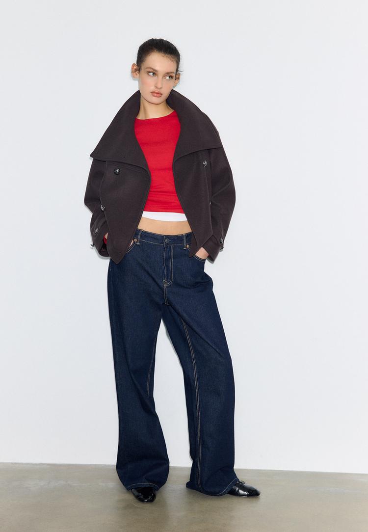 Stradivarius Dwurzędowa kurtka z golfem, miękka w dotyku Brązowy M