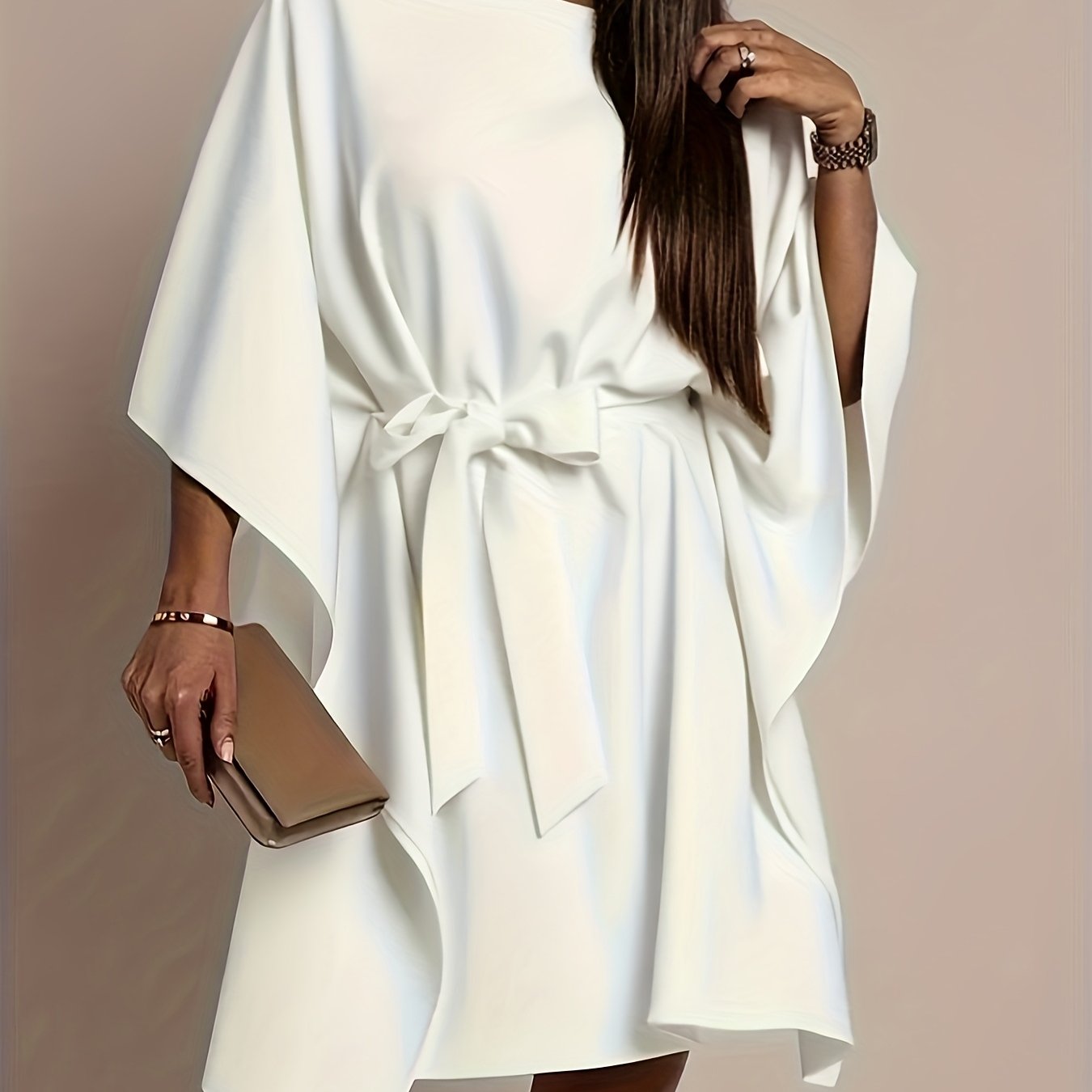 TEMU Elegancka Sukienka Bezramiączkowa z Paskiem dla Kobiet - Sukienka Ślubna w Stylu A/H do Kolan, Krótka Sukienka na Wiosnę i , Elegancka Sukienka