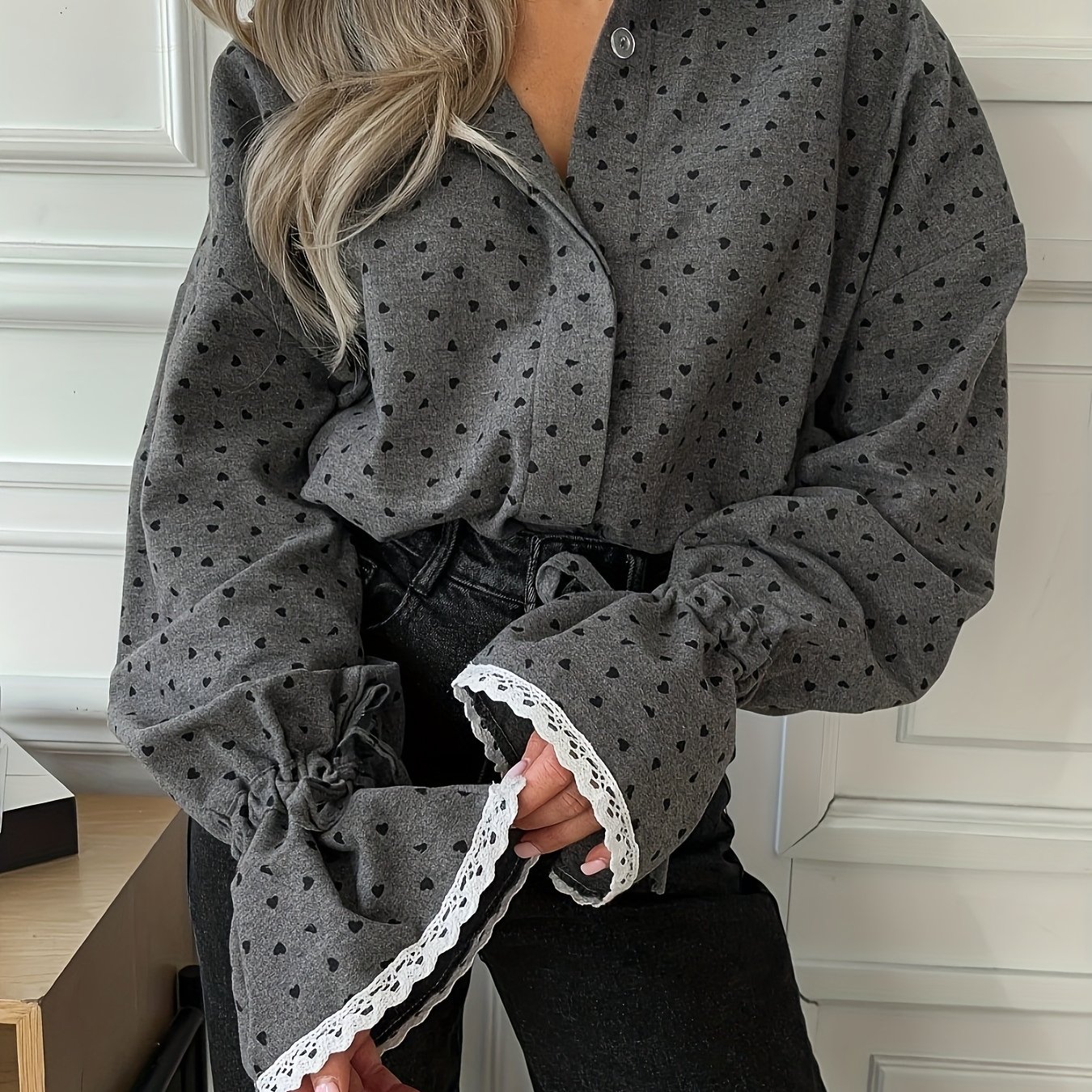 TEMU Elegancka bluzka damska - koszula z długim rękawem zapinana na guziki z nadrukiem , nieprześwitująca bluzka do biura i na imprezy