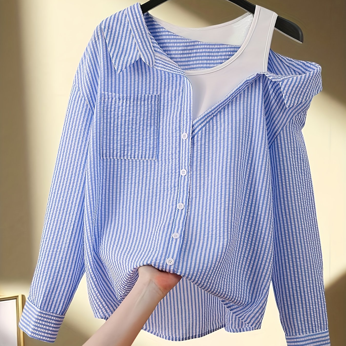 TEMU Elegancka Koszula Damska w Paski Niebiesko-Białe z Kołnierzykiem i Guzikami - Bluzka z Krótkim/Długim Rękawem, Do Biura, Nauczania, Codziennego