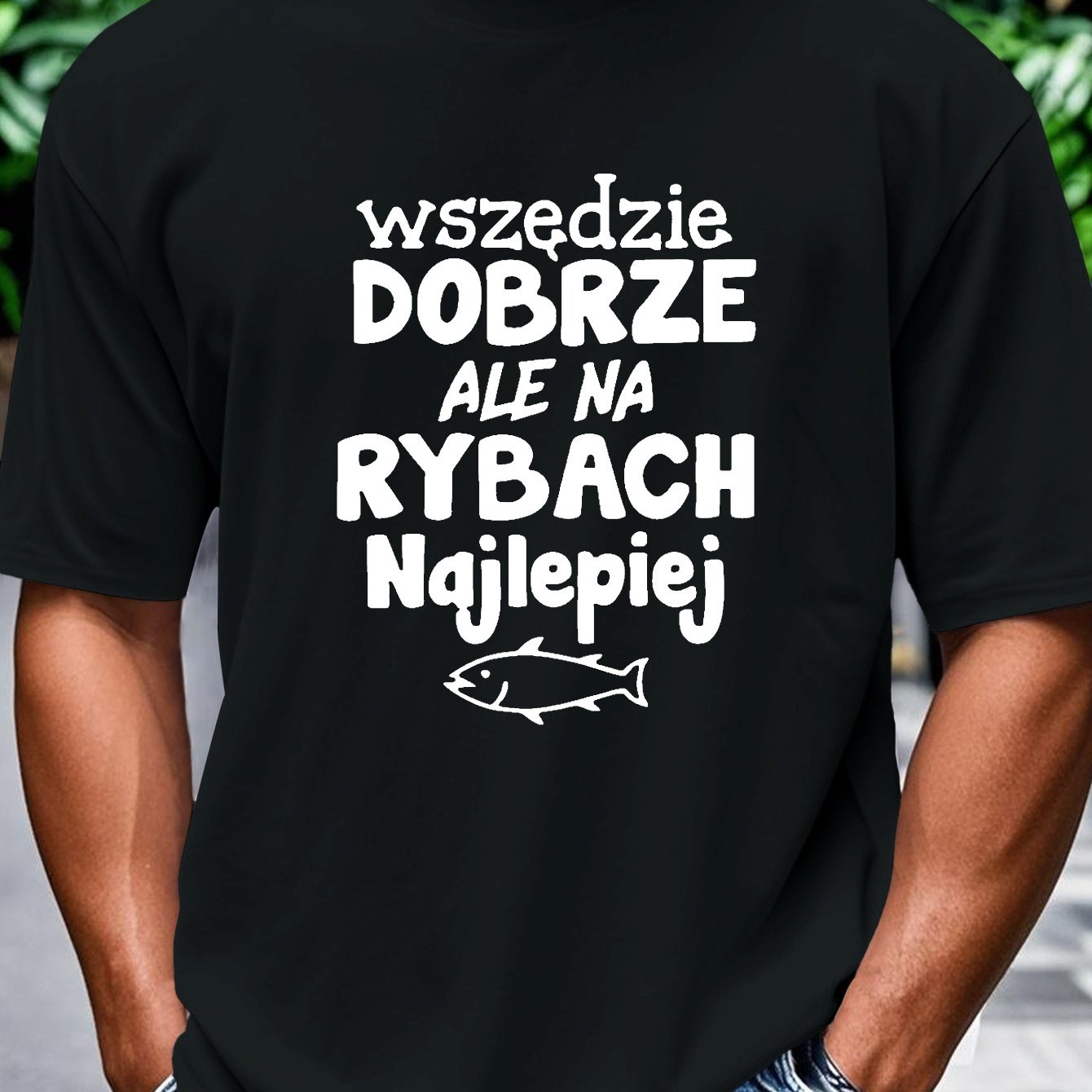 TEMU Męska Koszulka z Polskim Napisem i Grafiką Ryby - Zabawny Design w Języku Polskim, Czarna z Białym Tekstem, Miękka i Wygodna Koszulka Casual,
