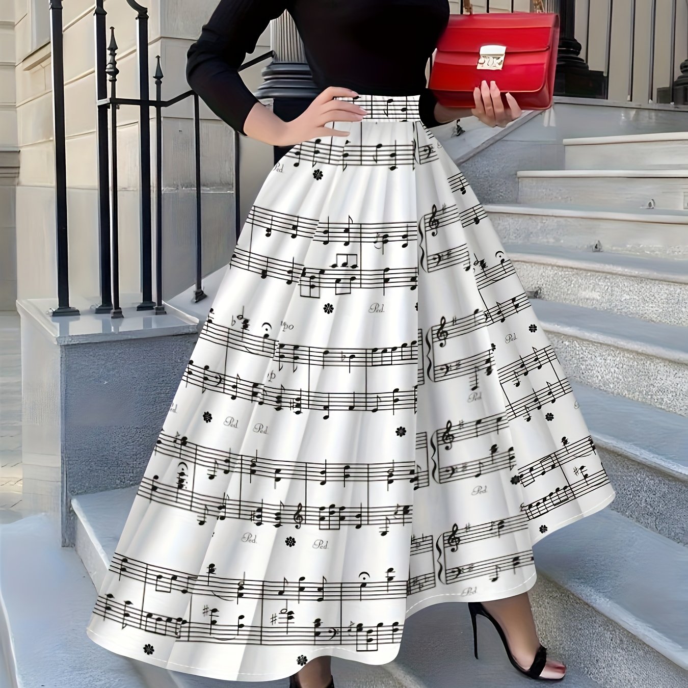 TEMU Damska spódnica z nadrukiem nut - całoroczna, codzienna spódnica w kształcie litery A z motywem linii muzycznych, nierozciągliwy materiał na