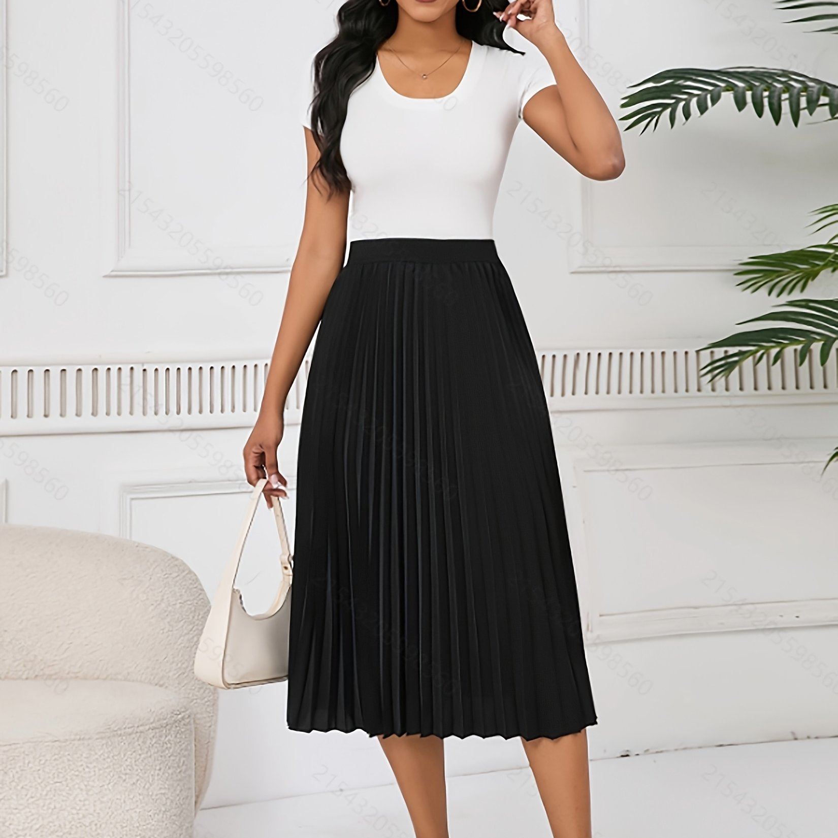 TEMU Elegancka spódnica midi z plisami z poliestru dla kobiet z elastycznym paskiem - Spódnica w jednolitym kolorze w stylu casual na wszystkie pory