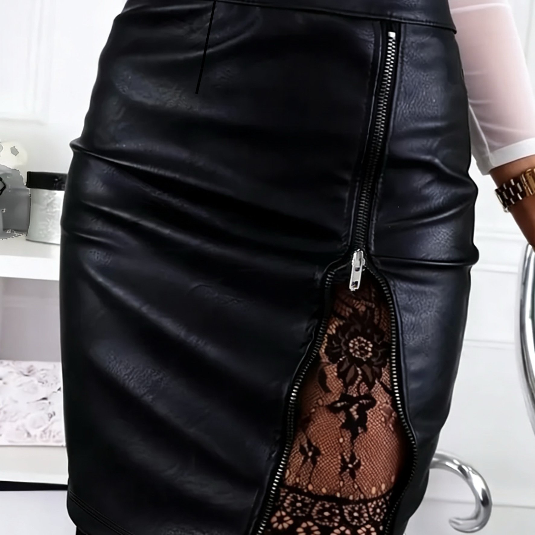 TEMU Elegancka Spódnica Damska z Detalami z Koronki, Dopasowana Spódnica z Ekoskóry PU, Idealna na Styl Casual i Formalny, Trwały Design Łatwy w