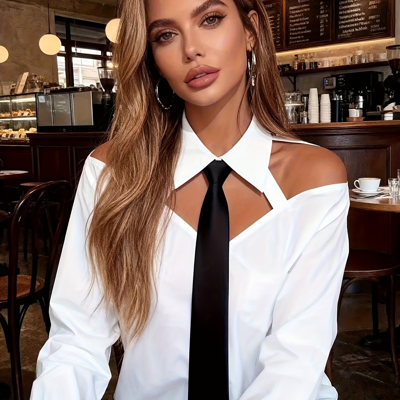 TEMU Damski Komunikacyjny Off-Shoulder Kolorowy Blokowany Długi Rękaw Koszula z Wiązaniem