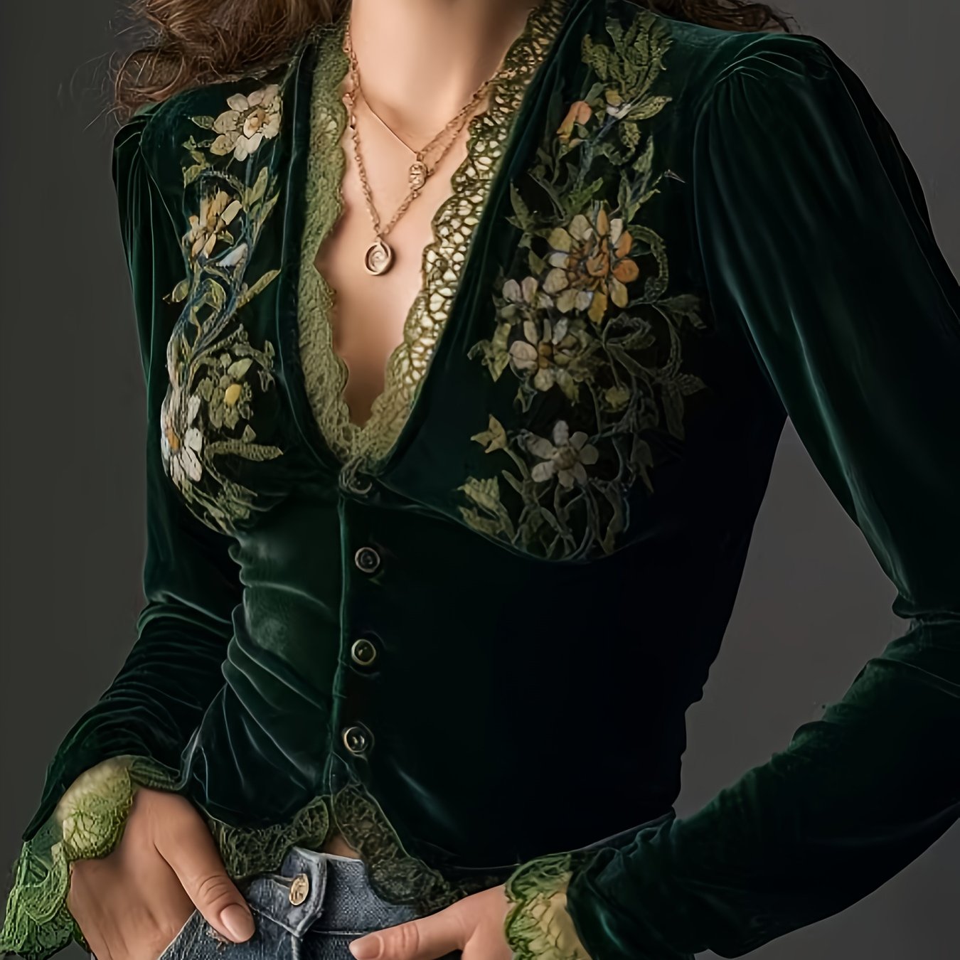 TEMU Elegancka Koszula z Aksamitu z Haftem Kwiatowym dla Kobiet, z Długimi Rękawami, Koronkowymi Detalami, Dopasowanym Krojem i w Jednolitym Kolorze