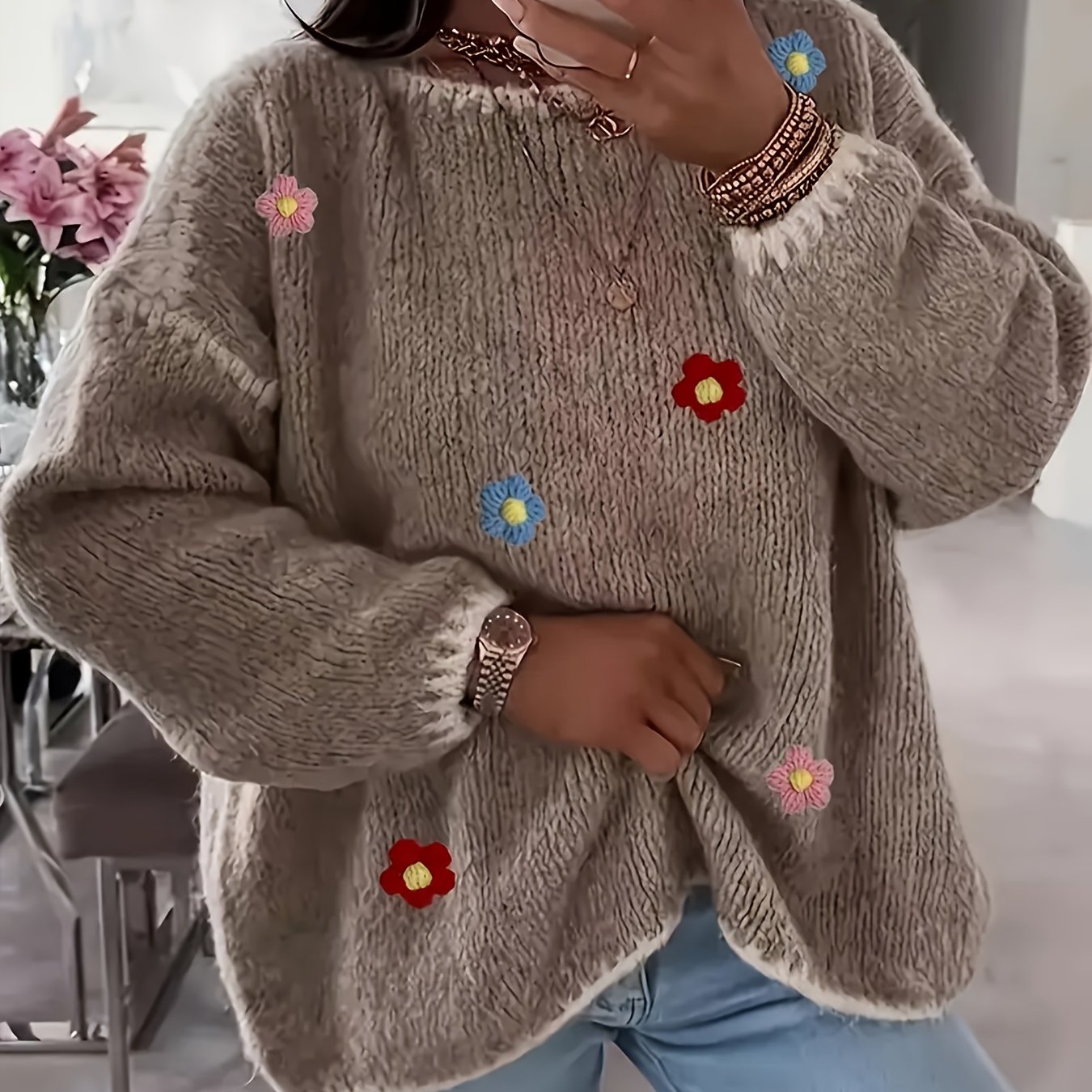 TEMU Sweter Damski z Odkrytymi Ramionami - Elegancki Sweter w Kwiatowe Akcenty, Miękka Bluza na Jesień/Zimę, Codzienny i Formalny Styl, Sweter dla