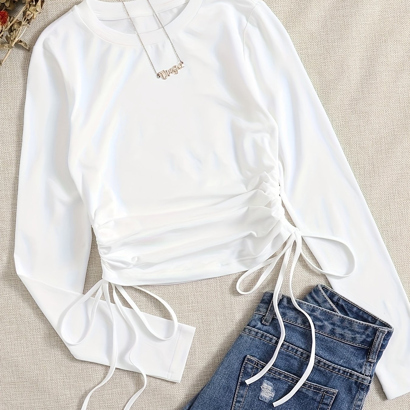 TEMU Sweter Damski Elegancki - Miękka Luźna Krótki Rękaw z Regulowanym Sznurkiem w Pasie, Jednokolorowy Top na Wiosnę/Jesień, Uniwersalny Element do