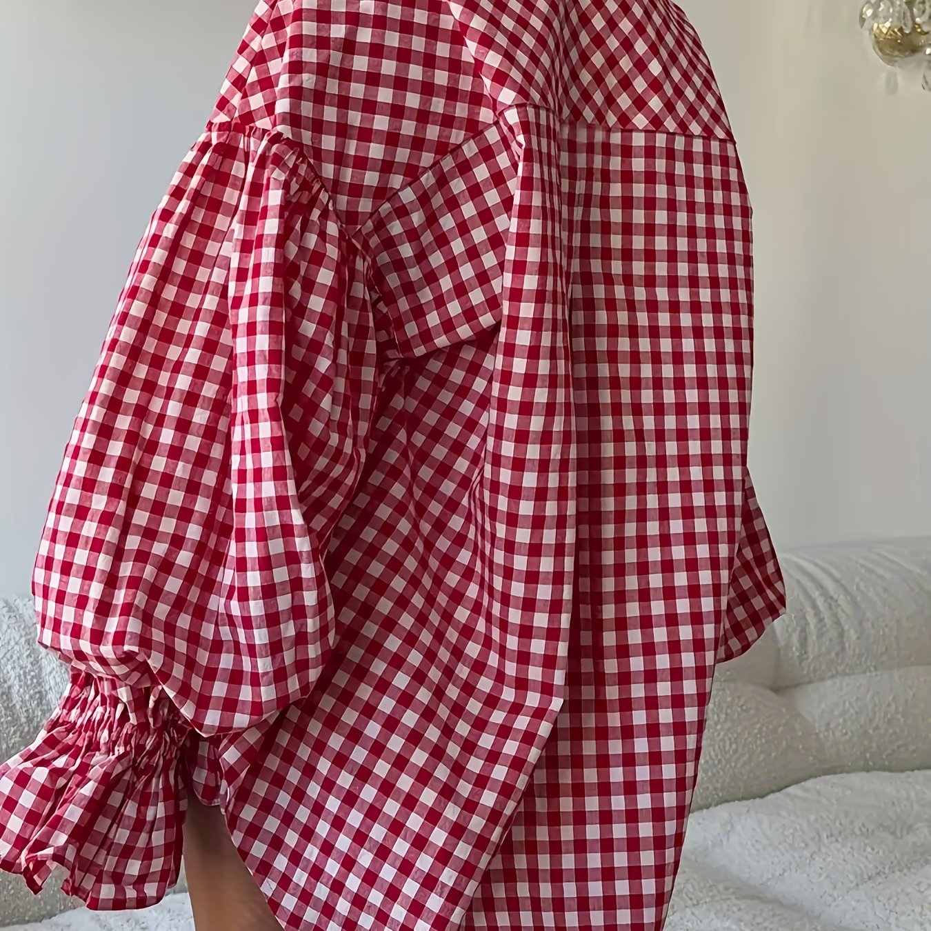TEMU Elegancka Damska Luźna Koszula w Kratę Długi Rękaw z Falbankami, Jednorzędowa Zapinana na Guziki, Długa, Wzór w Kratę, Wysokiej Jakości