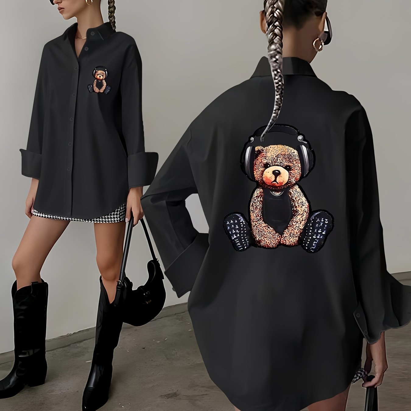 TEMU Damska, wygodna, łatwa w noszeniu, elegancka i stylowa koszula z długim rękawem w stylu vintage z nadrukiem wzorów, jednoczęściowy damski strój,