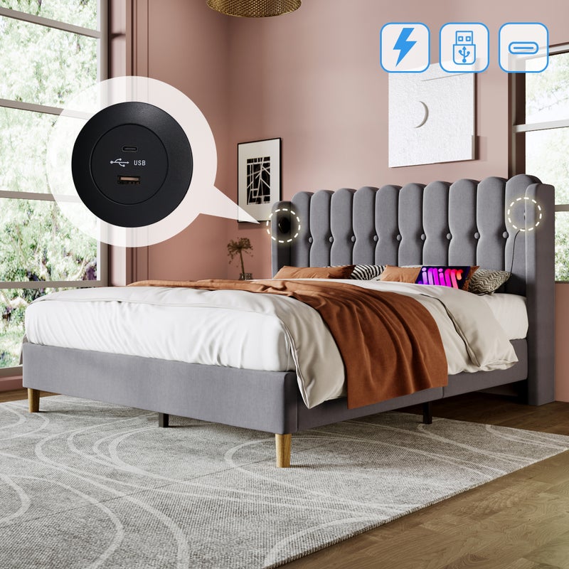 Szare łóżko tapicerowane 160 x 200 cm podwójne łóżko z funkcją wyszukiwania USB typu C łóżko lniane z płytą podstawy