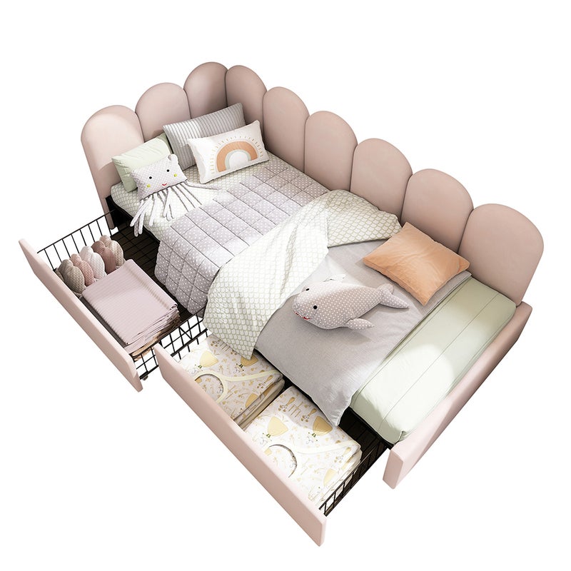 Pojedyncze łóżko z szufladami Aksamitne łóżko do przechowywania Łóżko dzienne Sofa-łóżko 90x190cm z listwową podstawą - Różowy (bez materaca)