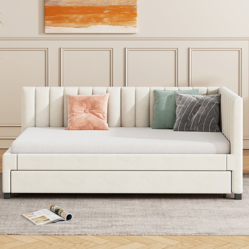 Rozkładana sofa 90*200, Wielofunkcyjne łóżko z listwową podstawą, Łóżko dla nastolatków, Beżowy, Aksamitny materiał