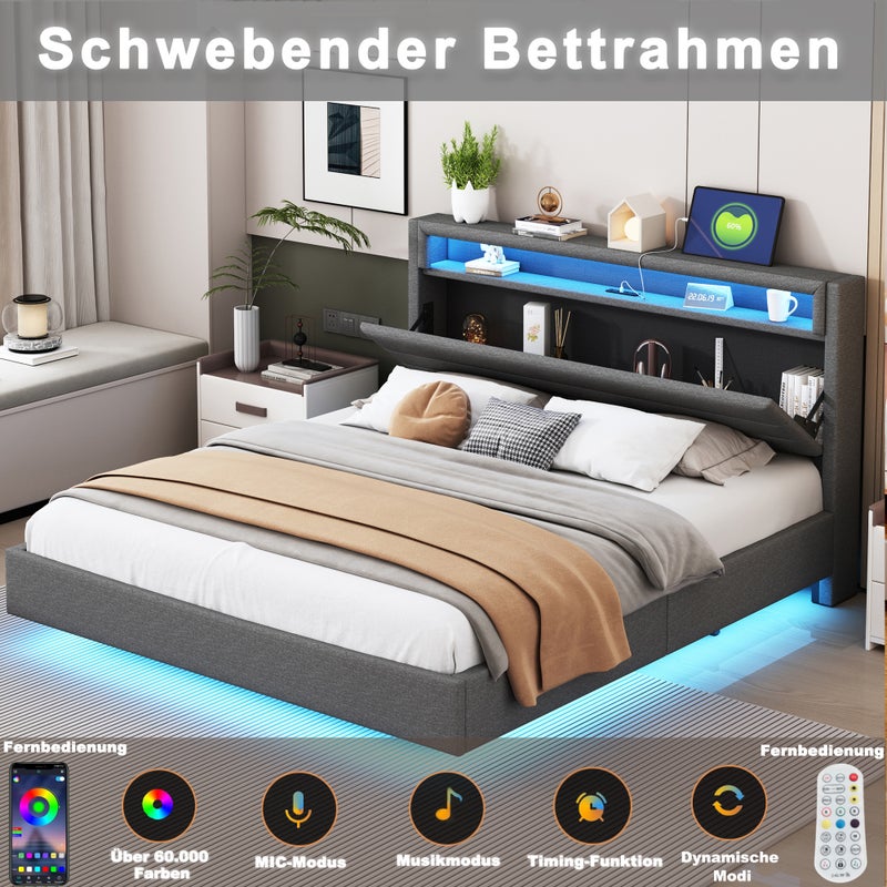 Łóżko podwójne tapicerowane 160x200 cm z gniazdem USB i oświetleniem LED, ukryty podnóżek, łóżko dla dorosłych, szary, tkanina lniana